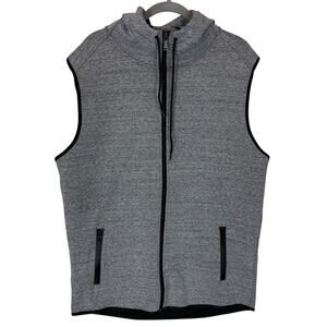 DKNY Vest Jacket Mens Large Heather Gray Logo Stretch Drawstring Full Zip Hooded